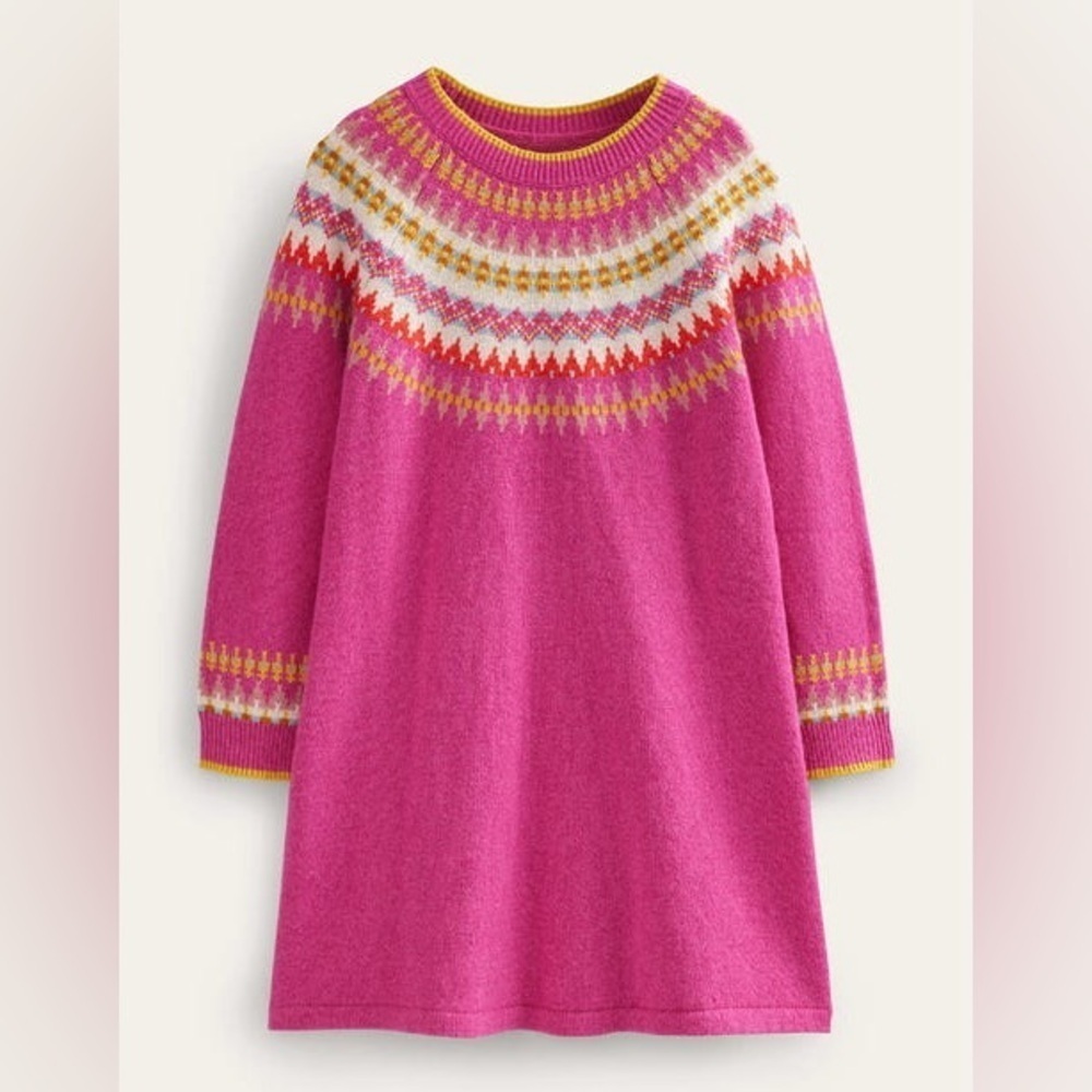 Mini Boden Girls Fair Isle Long Sleeve Jumper Dress Pink Multi Color size 11-12